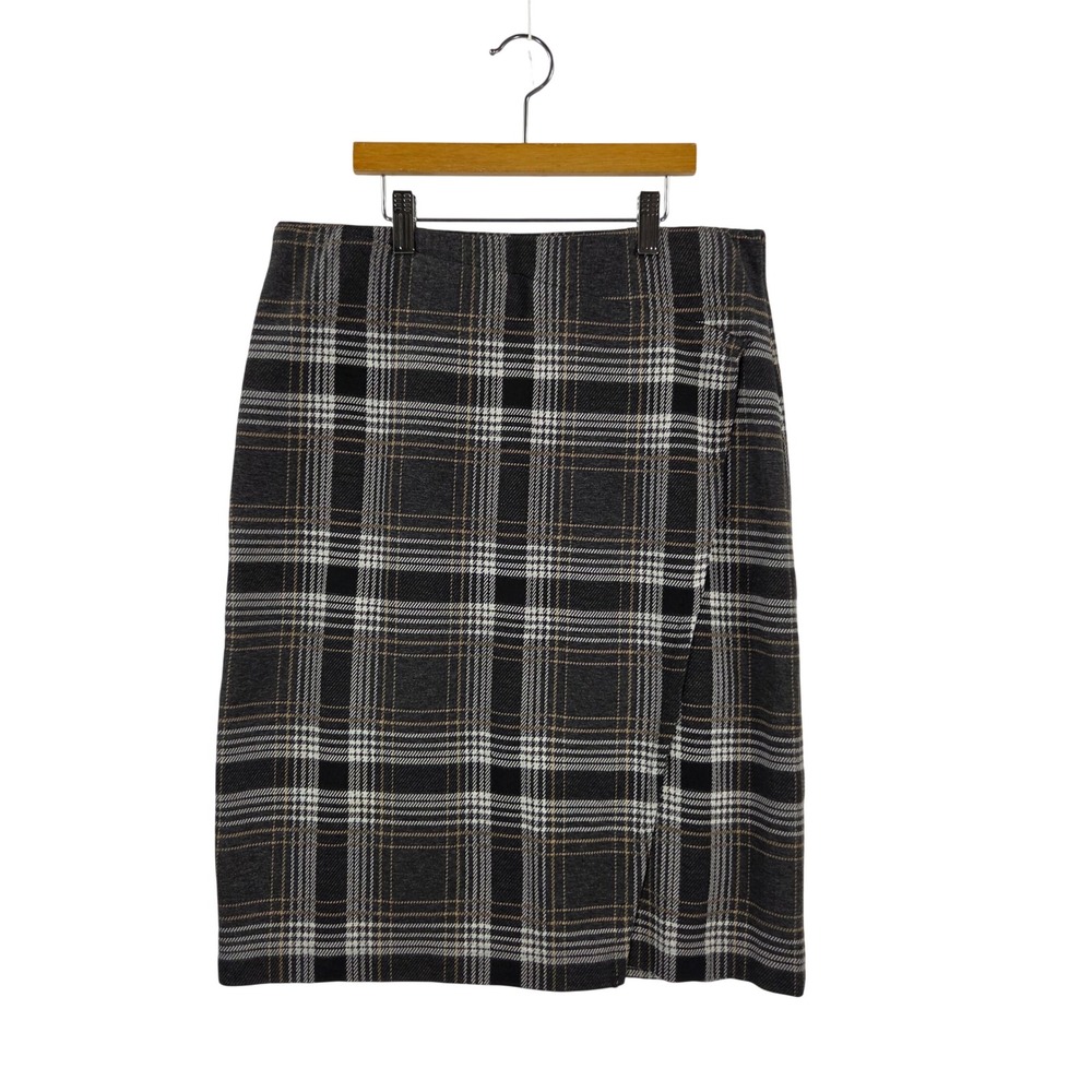 J. Jill Grey Plaid Ponte Faux Wrap Pencil Skirt Womens Small Stretch Knit